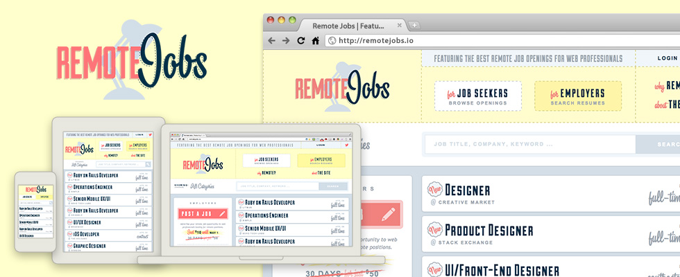 Remotejobs.io logo, interface and responsive design